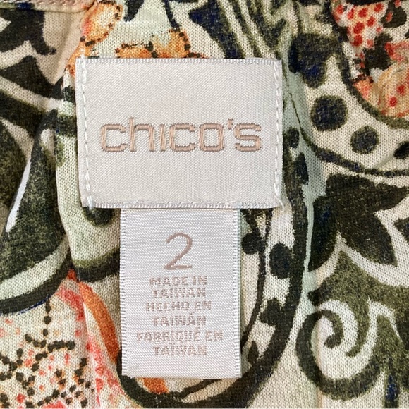 Chico’s Size 2 Regular Size 12 Long Sleeve Rayon Green/Orange Cream Top - Picture 9 of 11